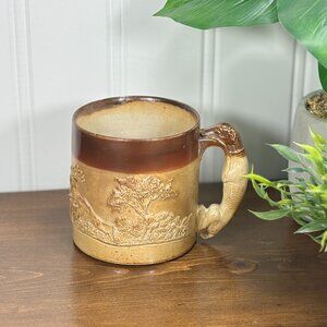 Antique Salt Glaze Hunting Mug with Hound Handle 1800s Stoneware Tankard